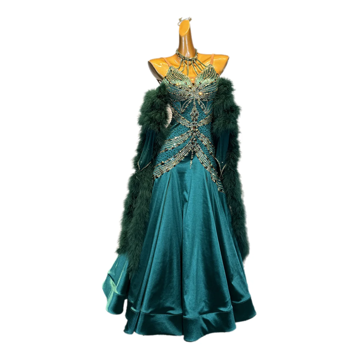 Latin Dancer, Adult And Children's High-End Customized Dark Green Retro Modern Black Pool AB Stone Practice Race Dress