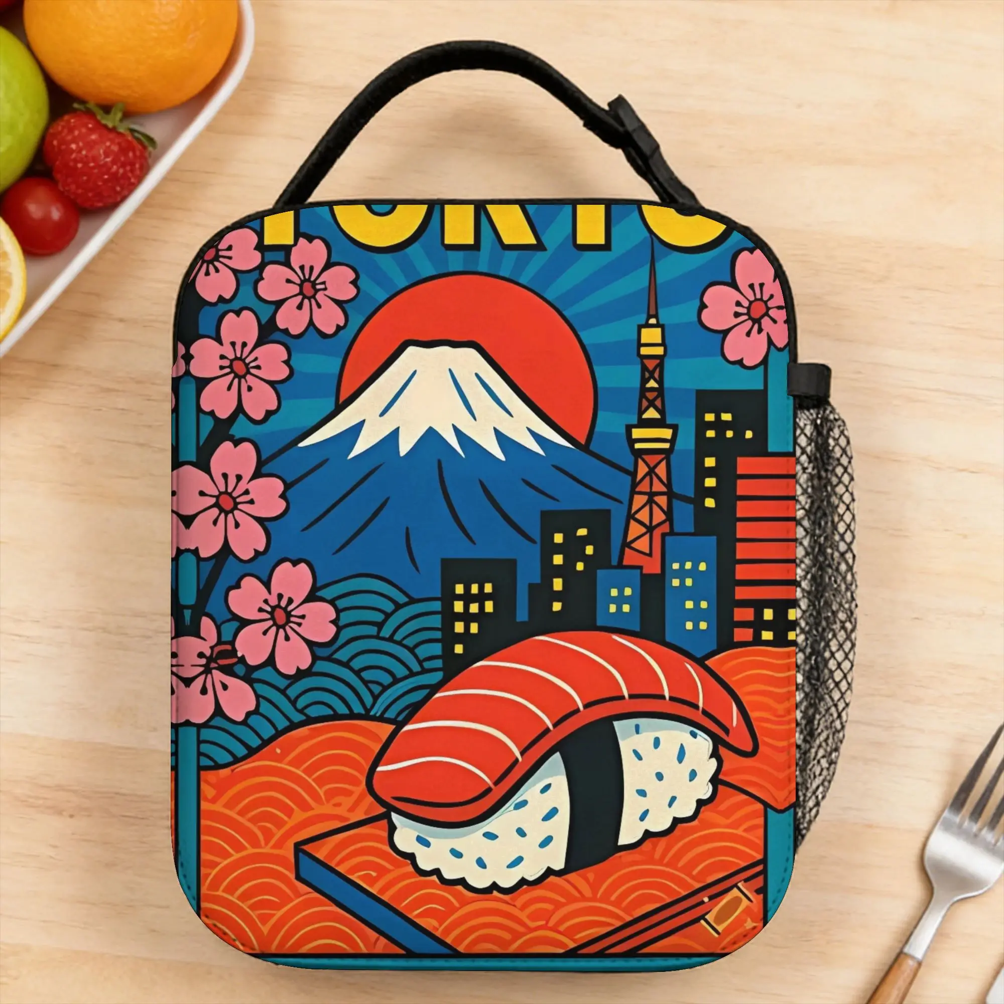 Sushi with Mount Fuji Cherry Blossom Poster Lunch Bag For Child  Picnic Graphic Lunch Box Retro Oxford Thermal Lunch Bags