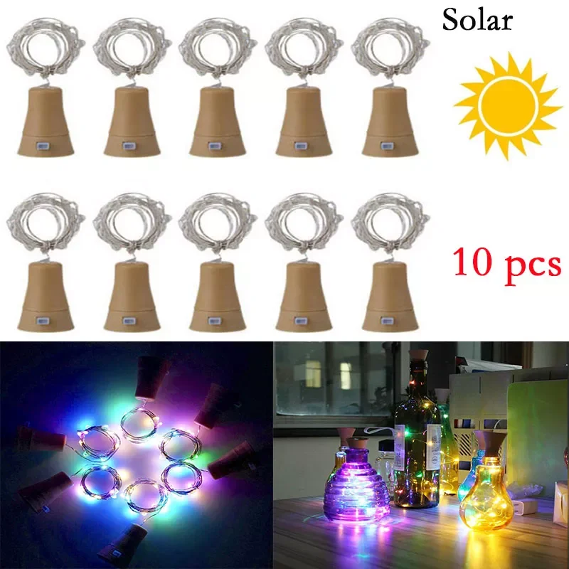 Luz LED Solar para botella de vino, guirnalda de luces de corcho de cobre, 2M, 20LED, DIY, Navidad, fiesta, boda, decoración, 10 unidades por lote