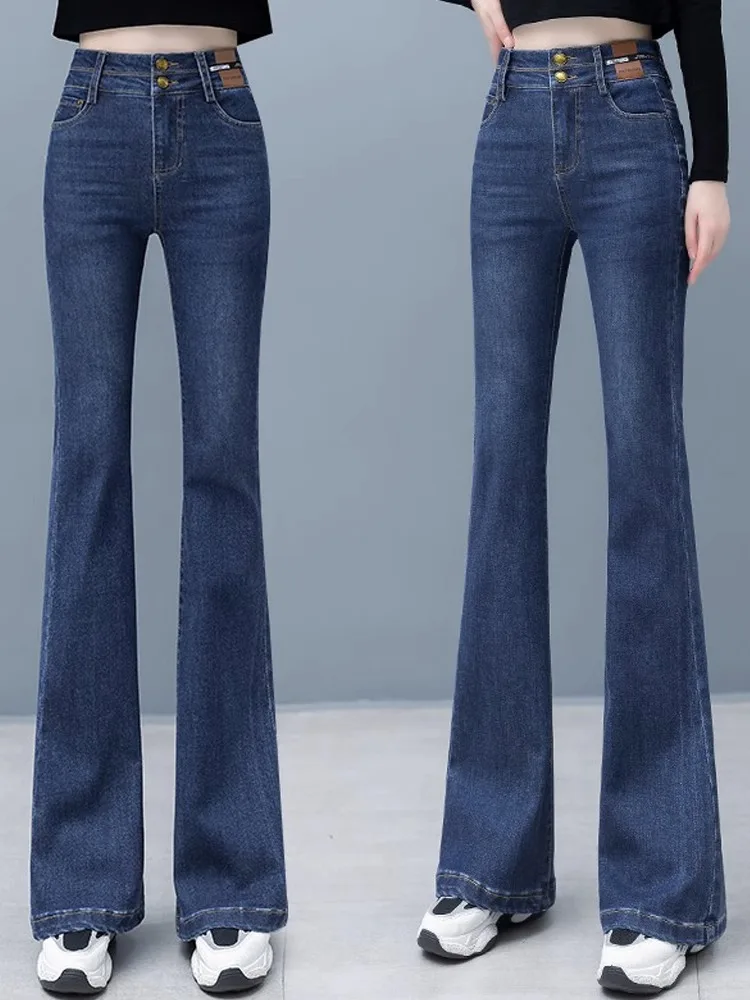 

Джинсы женские винтажные с высокой талией, свободные расклешенные брюки, эластичные, больших размеров, микро-клеш, осенние, новые, стройнящие