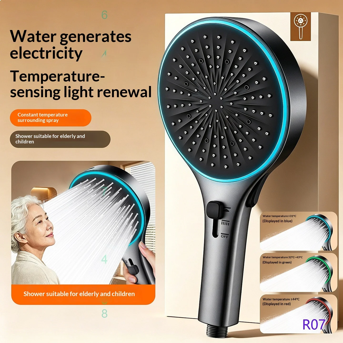 Cross-border Anti-scald Shower Head with LED Temp Display, High Pressure, Large Panel for Elderly