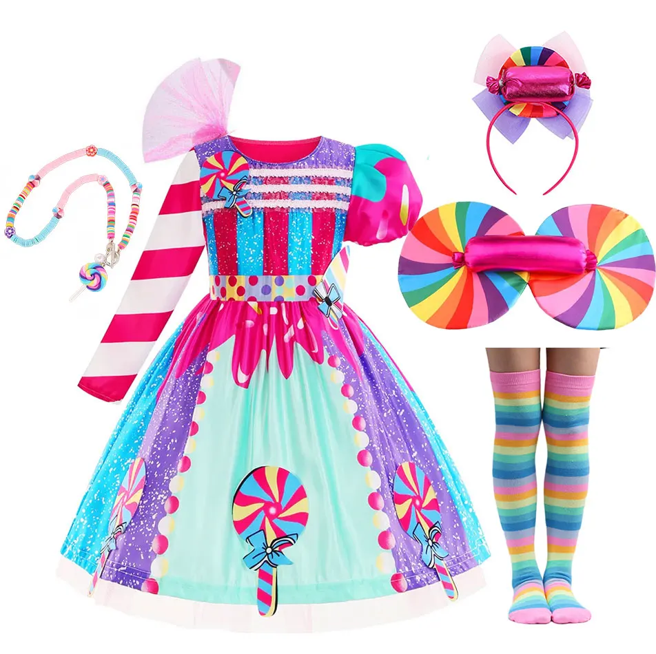 

Kids Purim 2024 Girls Carnival Candy Dress Lollipop Party Cosplay Costume Sweet Featured Striped Lollipop Girls Princess Vestido