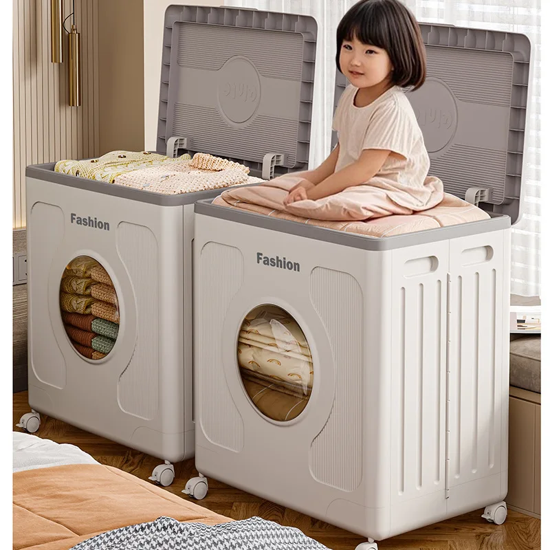 Boîte de rangement pour vêtements, couvercle rabattable domestique, grande capacité avec organisateur de poulie, articles divers, jouets, couvertures, boîte