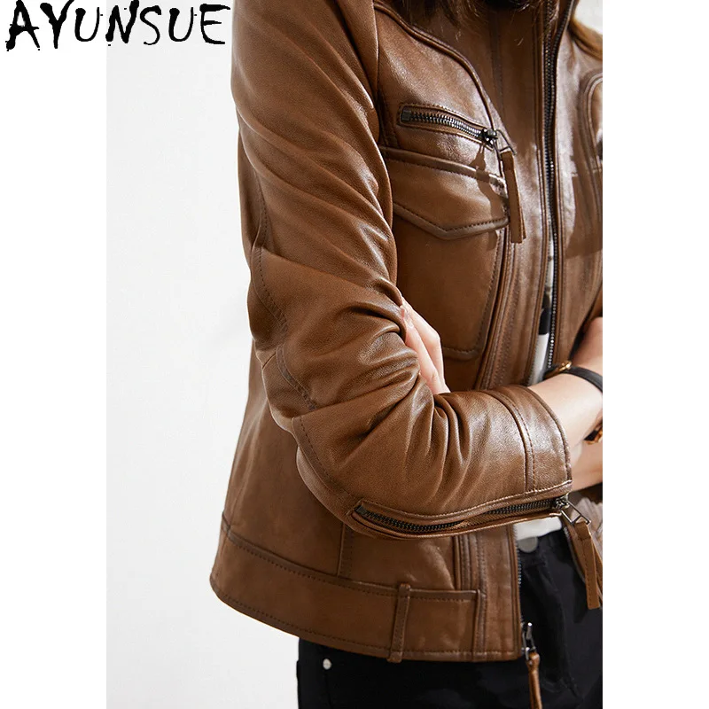 AYUNSUE Real Leather Jacket Woman Solid Retro Sheepskin Short Outerwears Casual Long Sleeve Tops for Woman Clothes Spring Autumn