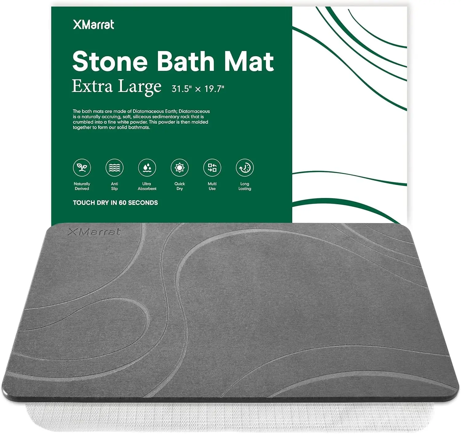 

Extra Large Diatomite Stone Bath Mat, Quick Drying Non-Slip Super Absorbent for Bathroom, Dark Grey 31.5x19.7 Inches