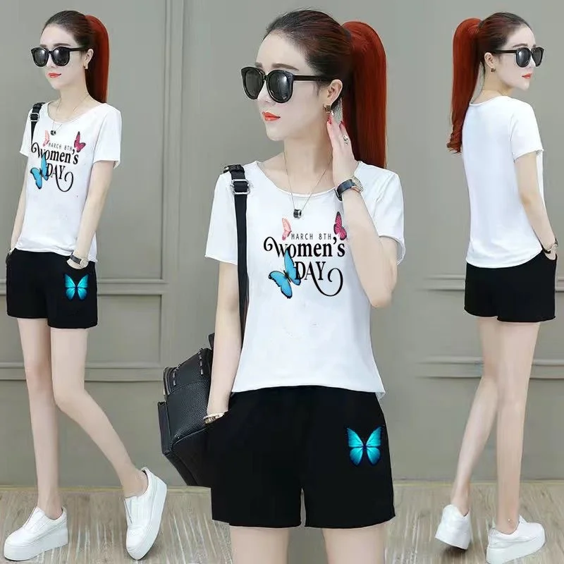 Refreshing Fashion 2 Two Piece Set 2023 Summer New Leisure Sports Suit Women's Slim Printed T-shirt And Shorts Outfits For Women