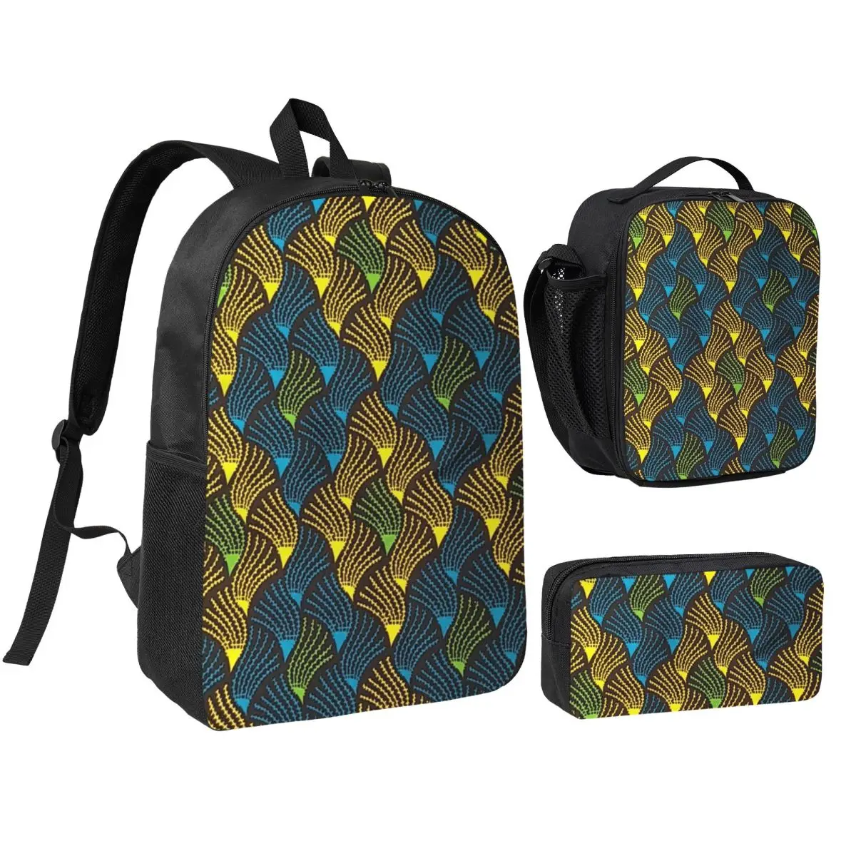

African Ankara Wax Print Backpack Boys Girls BookBag School Bag Shoulder Bags 3ps Insulated Lunch Bag Pencil Case