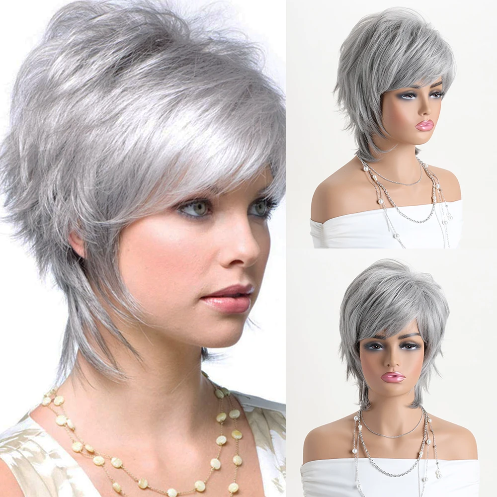 Wig alami pendek dengan poni rambut lembut penggunaan sehari-hari rambut sintetis keriting Ombre coklat pendek Wig pesta untuk wanita