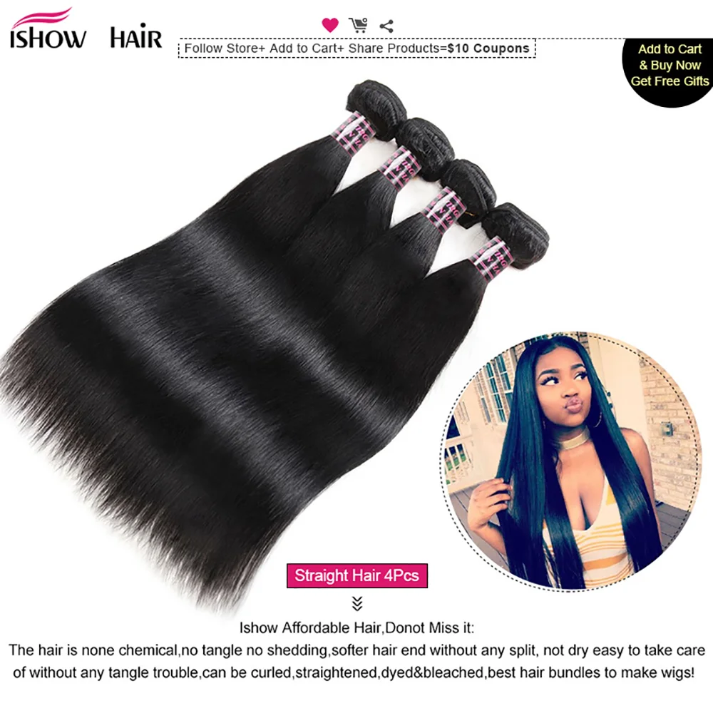 Ishow Straight Hair Bundles with Closure Transparent Lace Closure with Bundles Brazilian Human Hair Weave Bundles with Closure