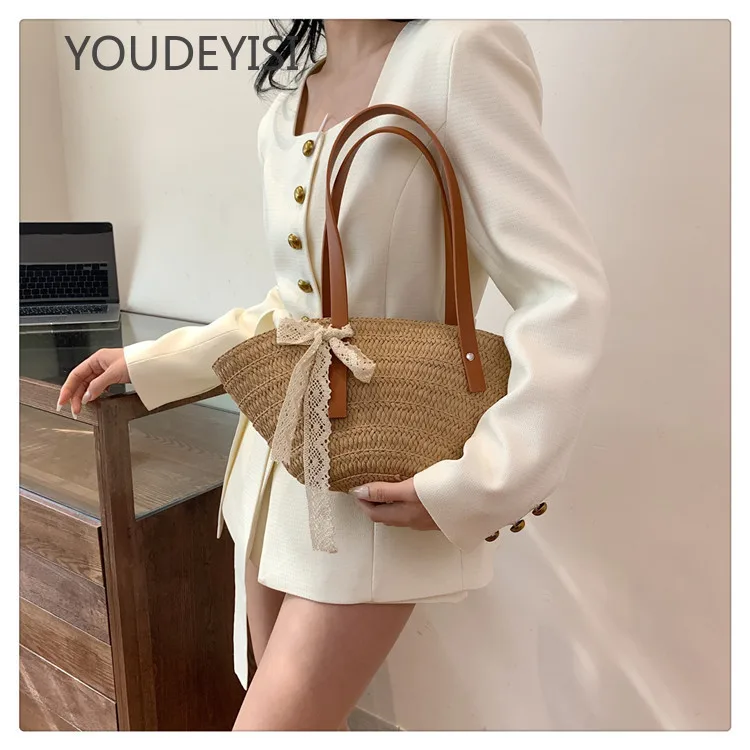 YOUDEYISI Fan-shaped French Women\'s Bag: Large-capacity Straw-woven Handmade Rattan Beach Bag Summer Trend