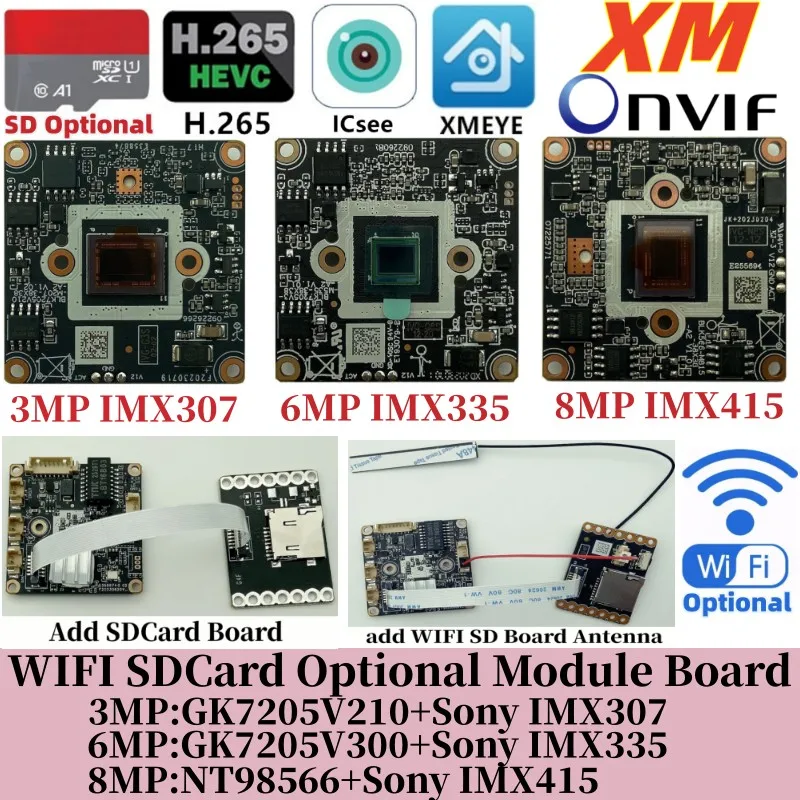 WIFI SDCard Optional 8/6/3MP XM IP Camera Module Board IMX415 IMX335 IMX307 XMEYE ICsee ONVIF Face Detect Low illumination P2P