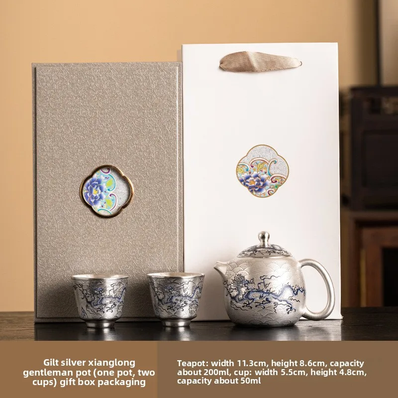 

Чайный набор из стерлингового серебра 999 пробы: заварочный чайник, маленький домашний набор для чаепития Кунг-фу, сине-белый с драконьим узором, серебряная чаша с крышкой для здоровья.