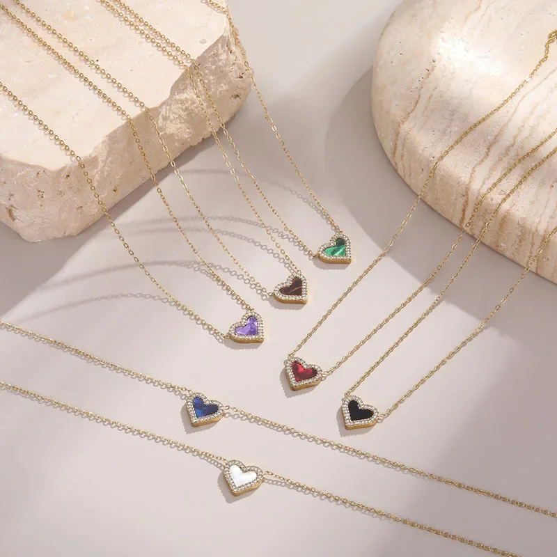 

316L Stainless Steel Colorful Love Heart Necklace For Women Vintage Sparkling Zircon Party Jewelry