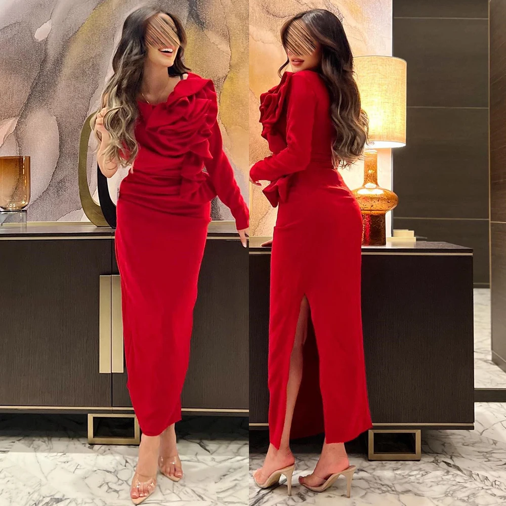 

Solid Color Prom Gown Long Sleeve Sexy Sheath Ruffles Women Evening Party Dresses Vintage Ankle-Length платья на торжество