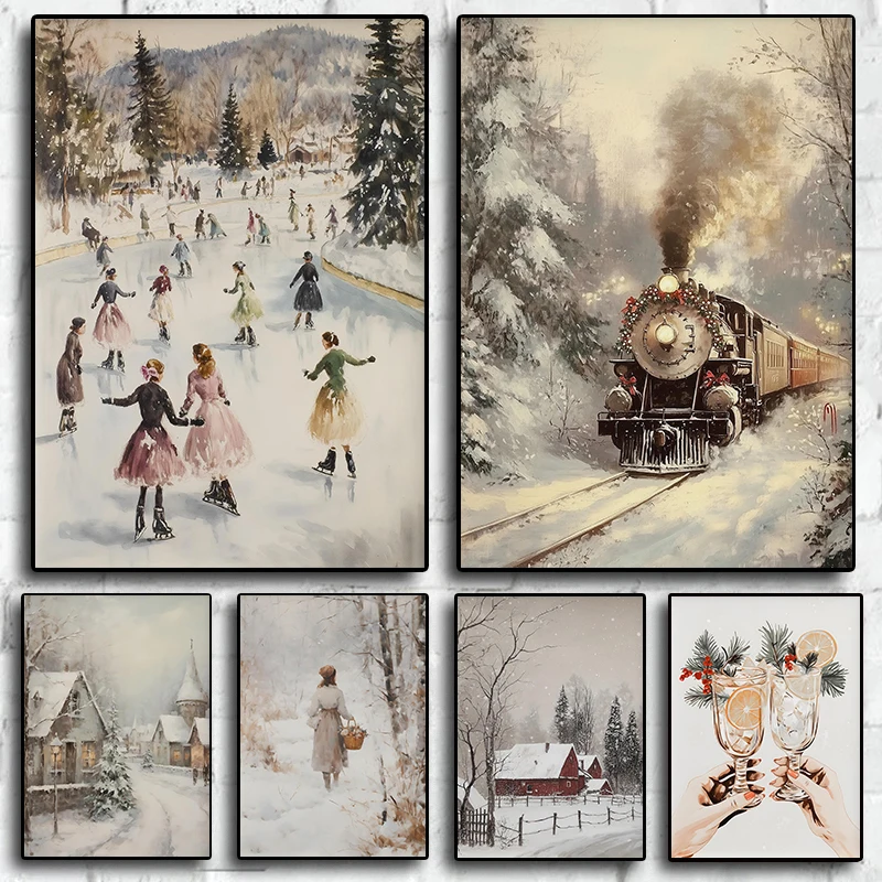 (No frame)Victorian Watercolor Cozy Winter Ski Resort Ice Skating Alpine Lodge Scene Poster Canvas Painting Wall Art Pictures