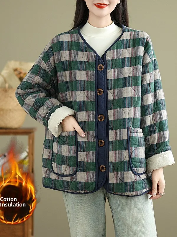 

Authentic Retro Contrast Color Plaid Warm Cotton Jaet Loose round Ne Thi Outerwear Women's Faion Autumn Winter Coat