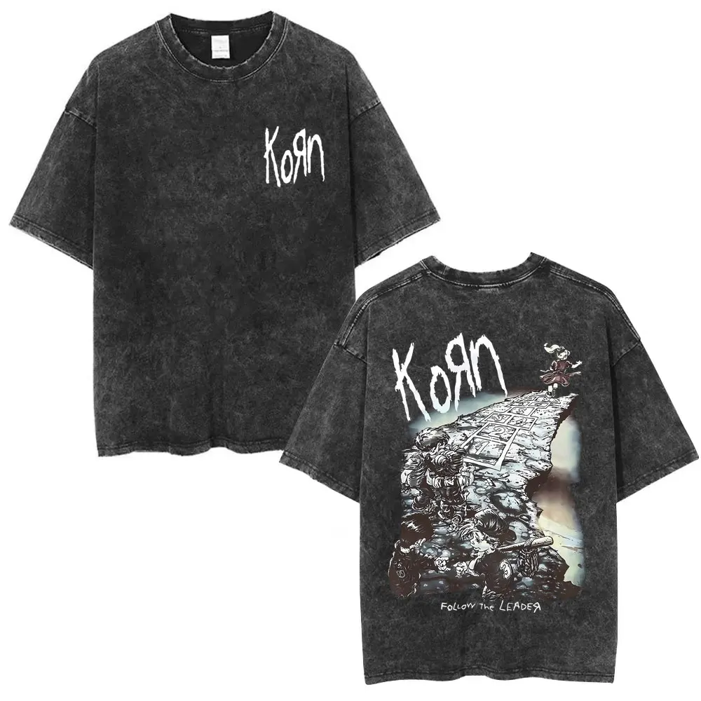 

Korn Rock Band Ftl 25 Follow The Leader Washed T-shirts Men Women Vintage Gothic Metal T Shirts Men's Casual Oversized T-shirt