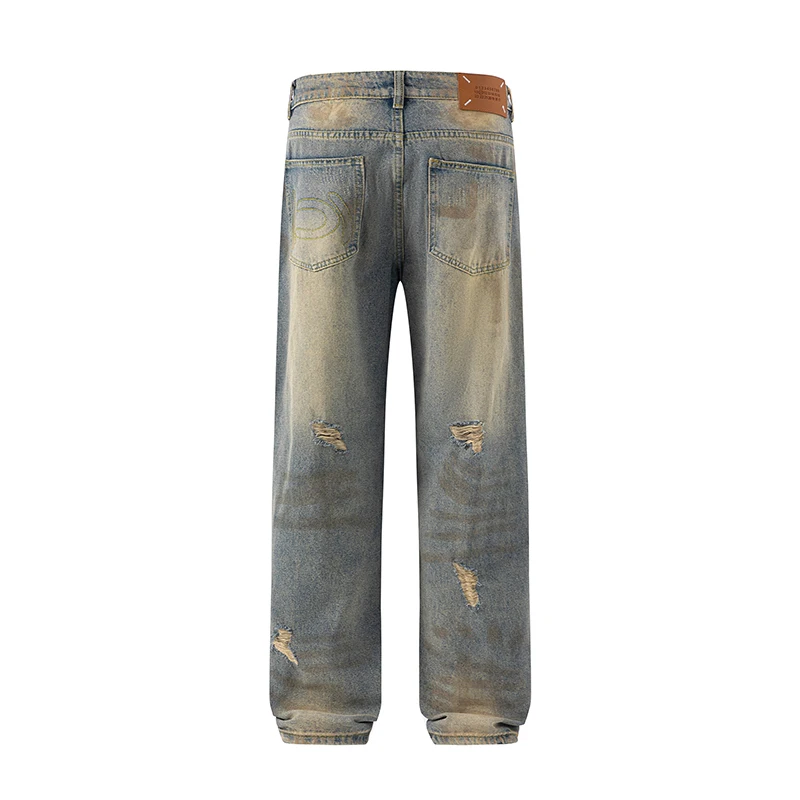 2024 new men's ripped jeans indentation denim hand-painted printing fashion men's straight loose pants Actual picture