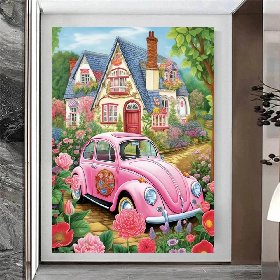 Diamond Embroidery Landscape Garden Villa Diamond Painting New Arrival Pink Car Cross Stitch Mosaic 5D DIY 2024 Home Decor E583