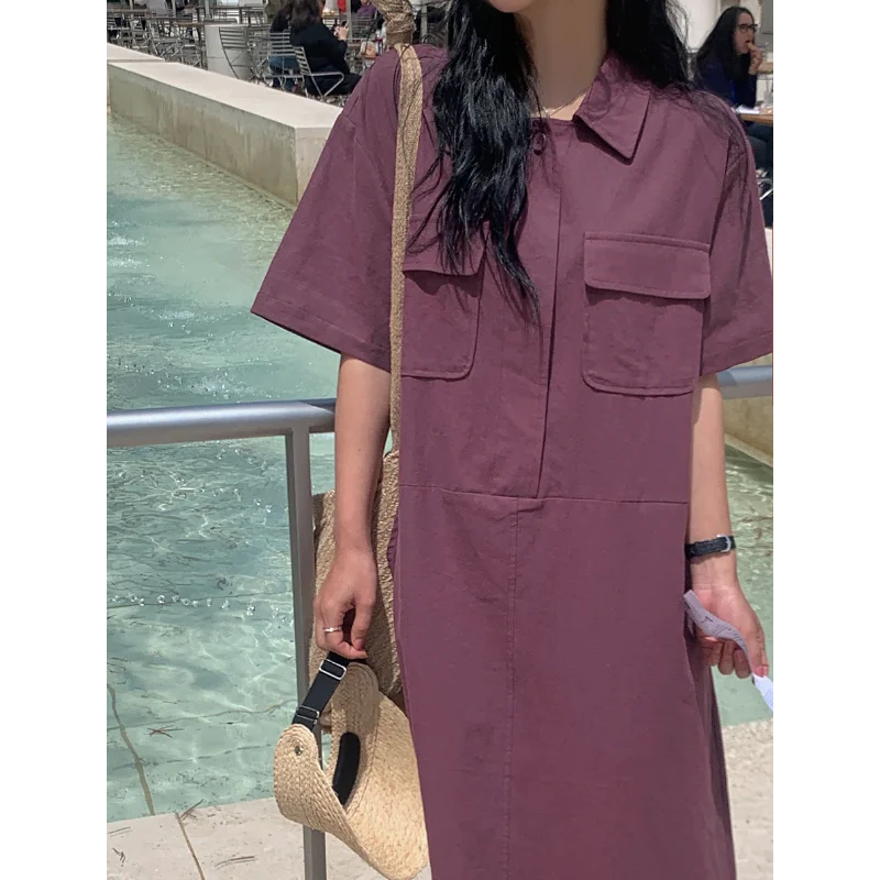 Einfaches Hemdkragen, lässiges und lockeres kurzes Kleid, Damenmode, Basic, Schwarz, Beige, kurzärmeliges Hemd, weibliches langes Kleid, Sommer