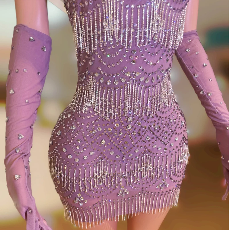 GKnitting Dancer Costume for Women, Purple bal inestones Festival Outfit, Bar, Nightclub, Ds Dj Party, Evening fur ses, Stage Wear, Sexy, XS8554