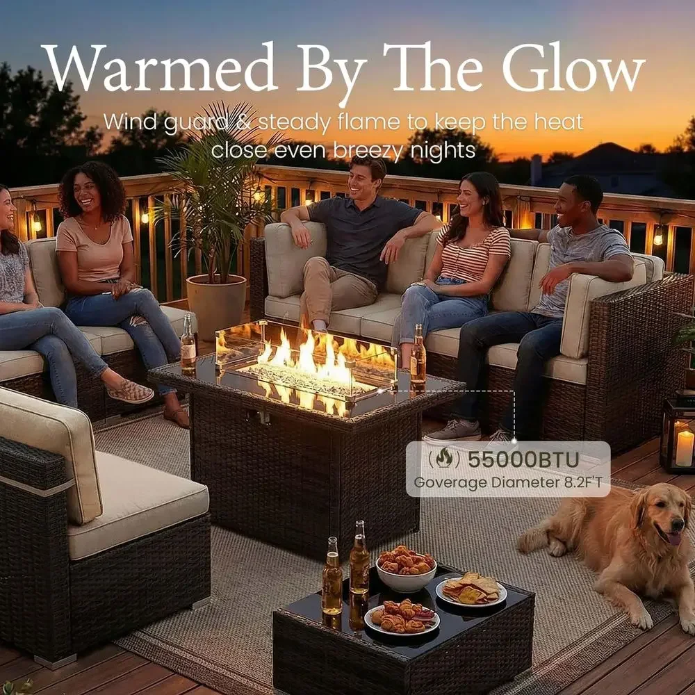 8-Piece Outdoor Patio Furniture Set with 44 Fire Pit Table in Brown Rattan Sectional Sofa Configuration