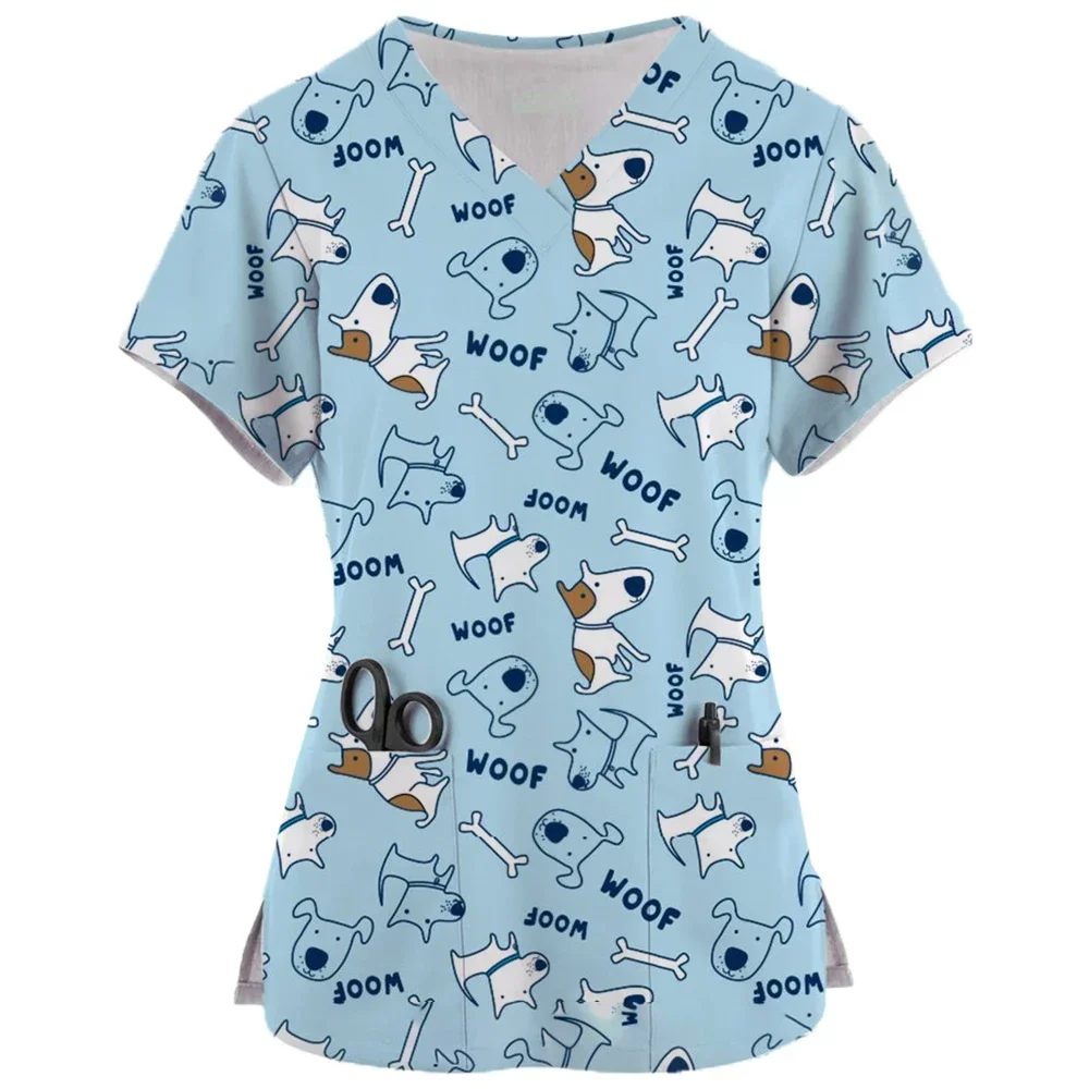 Cute Cartoon Animal Printing Women's Nurse Clothes Hospital Surgical Uniform Tops V Neck Short Sleeve Slim Fit Nursing Scrub Top