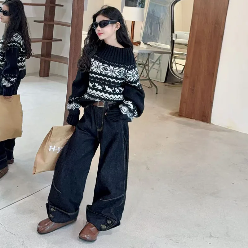 

2025 Autumn Children Girls 2pcs Sets School Girls Printed Long Sleeve Knitted Sweater Teenager Girls Full Length Wide Leg Jean
