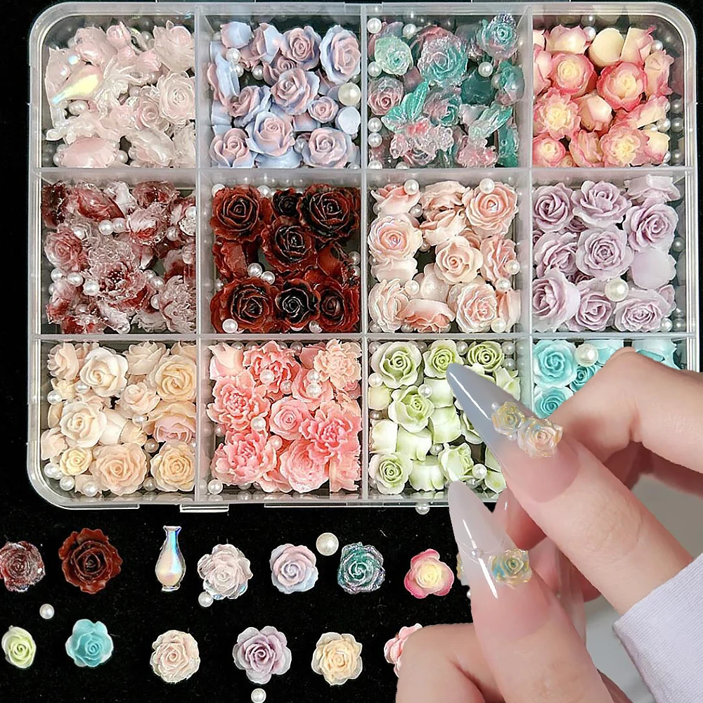 

300+pcs Pearl+ Camellia Flower Nail Art Decoration Accessories 3D Light Green Rose Flower Nail Charms DIY Spring Nail Decoration