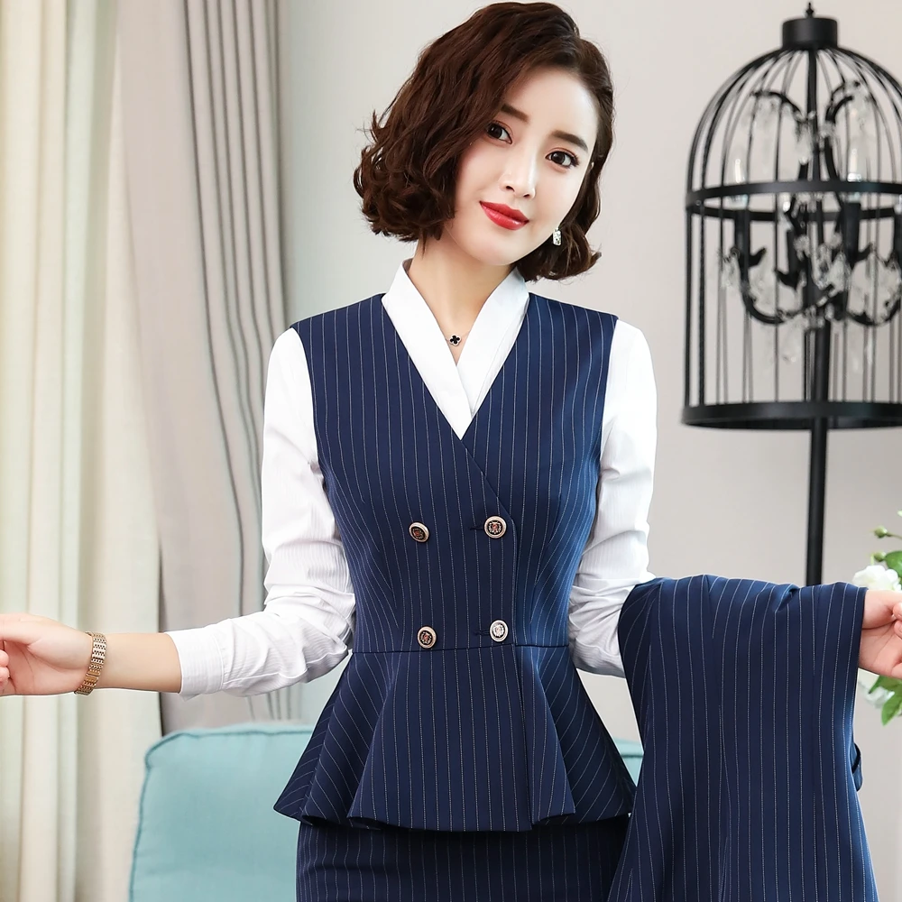 Korean Style Uniform Work Wear Suits with Jackets and Skirt Novelty Navy Stripe, Professional Office Uniforms for Business Women