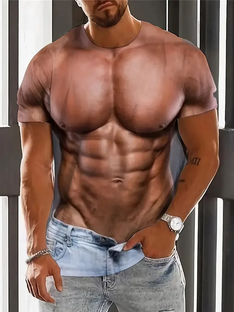 Funny Muscle T-shirt Tattoo 3D Print T-shirt For Men Funny Holiday Short Sleeve Digital Print Tshirts Casual Y2k Men Clothing ﻿