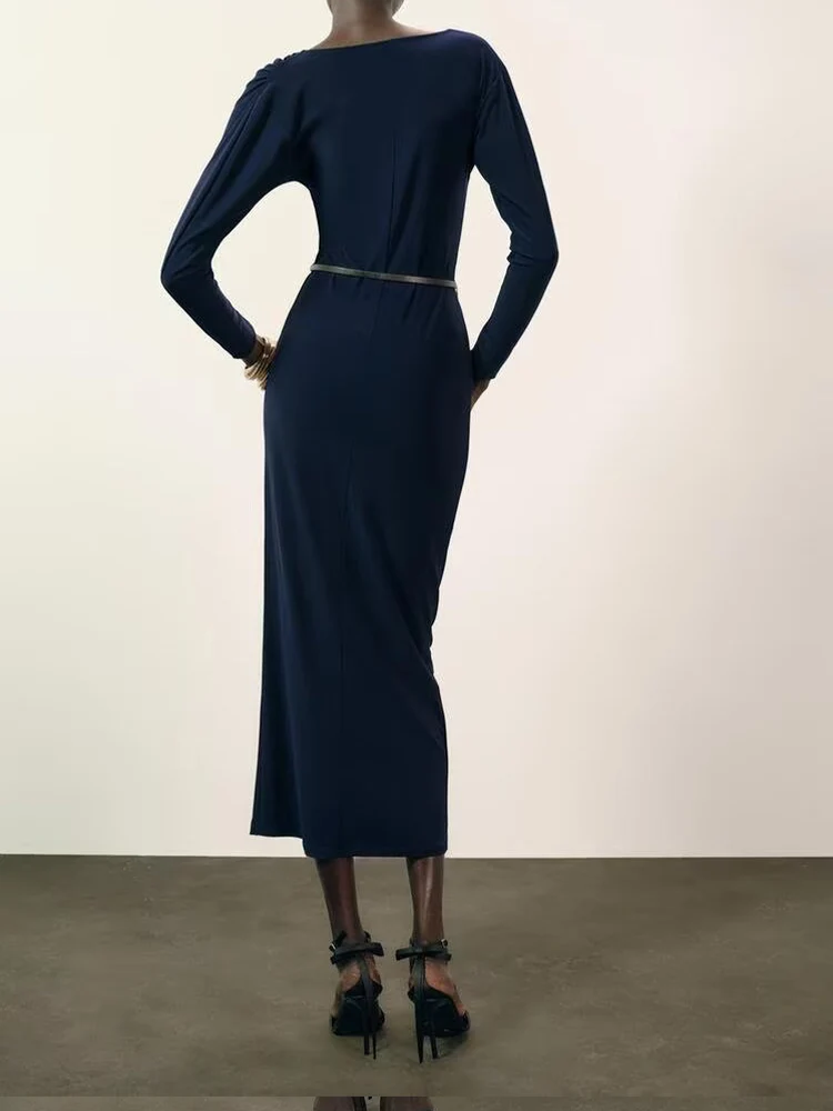 欧米風秋の新作トレンドシンプルレディース服ドレープ長袖ストレートベルトプリーツワンピース