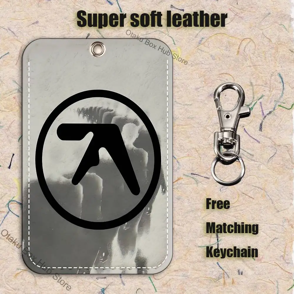 Punk Aphex Twin Logo Pattern 1Pc PU Leather Card Holder Keychain Key Ring Door Lock Access Tags ID Card Case Keychain Card