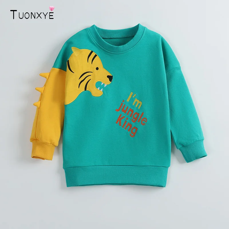 TUONXYE Toddler Boys Jungle King Tiger Embroidery Sweatshirt 3D Spiked Sleeve Design Letter Long Sleeve Pullover Kids Clothes