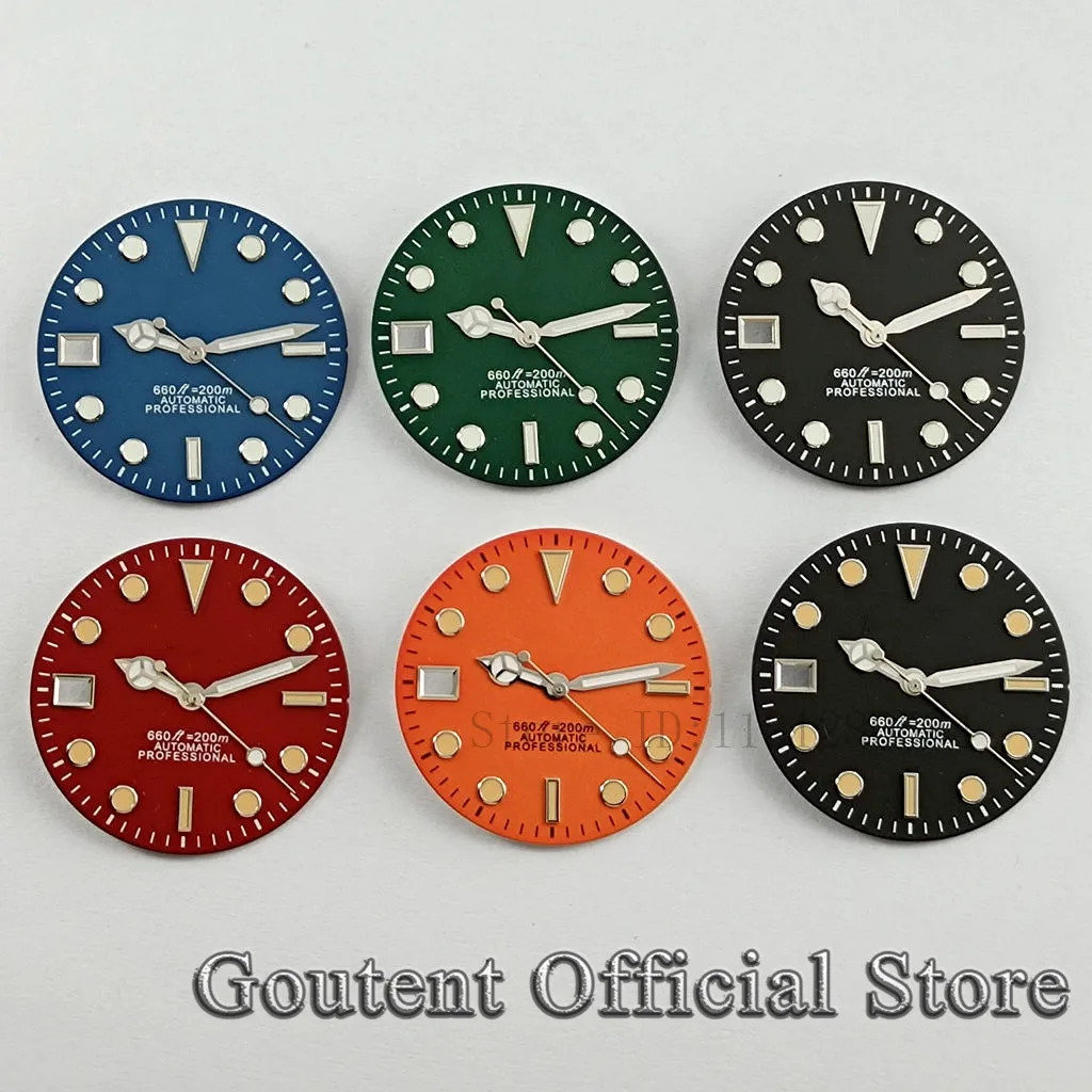 Goutent 29mm Black Blue Green Red Orange Watch Dial With Hands 9 O'clock Date Green Luminous Fit NH35 Movement