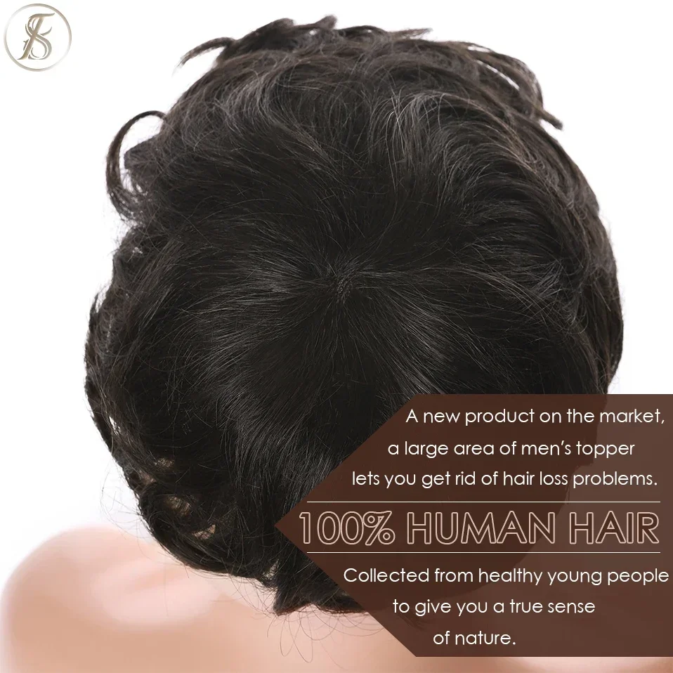 TESS 35g Men Toupee 16x19cm Human Hair Toppers Replacement System Men Capillary Prothesis Male Hair Wig Clip In Hair Extensions - Image 6