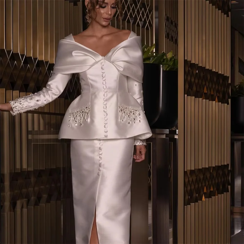 Customized Exquisite Side Split Women Prom Dress Sexy Long Sleeve Charming Mermaid Floor Length Party Dress Beading Evening Gown