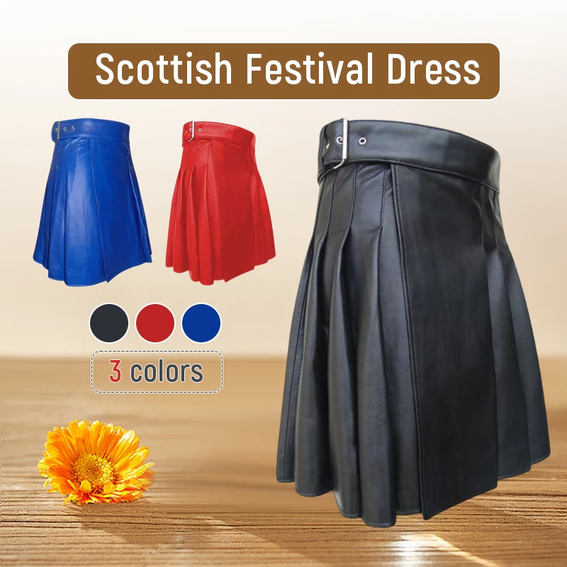 Large Size Men Scottish Traditional Pleated Skirt Scottish Style Solid Leather Belt Skirt Unisex Festival Party Fancy Dress 5XL