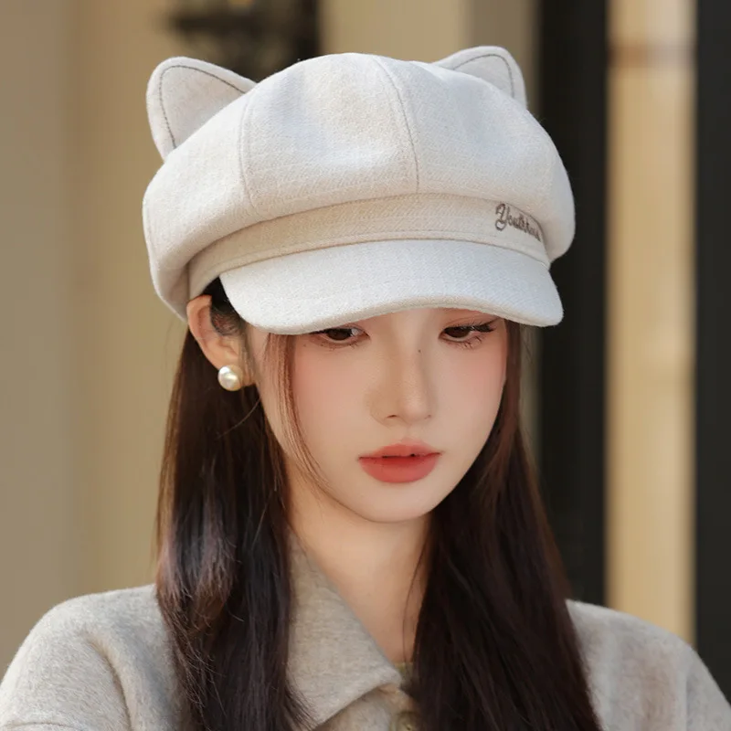

New Korean t Women's Retro Octagonal Hat Autumn and Winter Big Head Circumference Showing Face Small Beret Versatile Cat Ear Cap