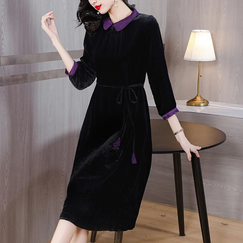 

2023 Autumn/Winter New Silk Solid Color Velvet Long Sleeve Dress for Women's Doll Neck Black Loose Large Slim Knee Length Dress