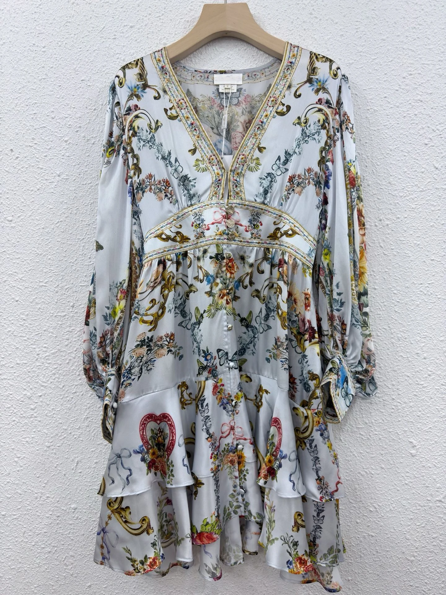 

100% Real Silk Romantic Garden Print Long Sleeve Mini Dress, Deep V-Neck Tiered Flowy Dress for Women High Quality Beach Style
