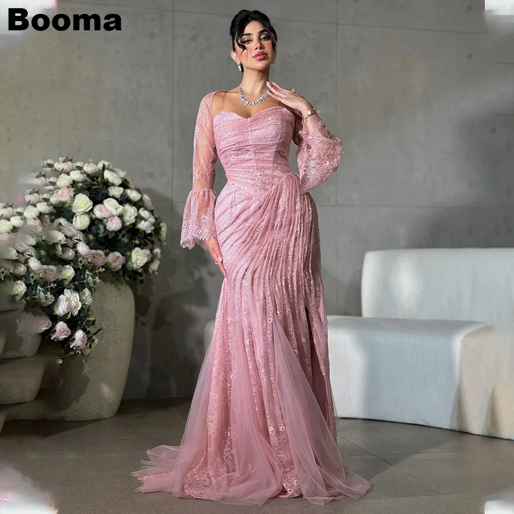 

Booma Pink Lace Mermaid Evening Dresses Sweetheart Long Sleeves Pleats Formal Occasion Gowns for Women Saudi Arabic Prom Dress