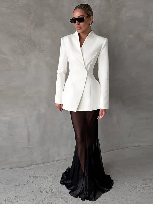 Conjunto de malla de color liso a la moda con diseño de cuello en V para mujer, traje elegante para ir al trabajo, vestido de noche de manga larga para fiesta de boda