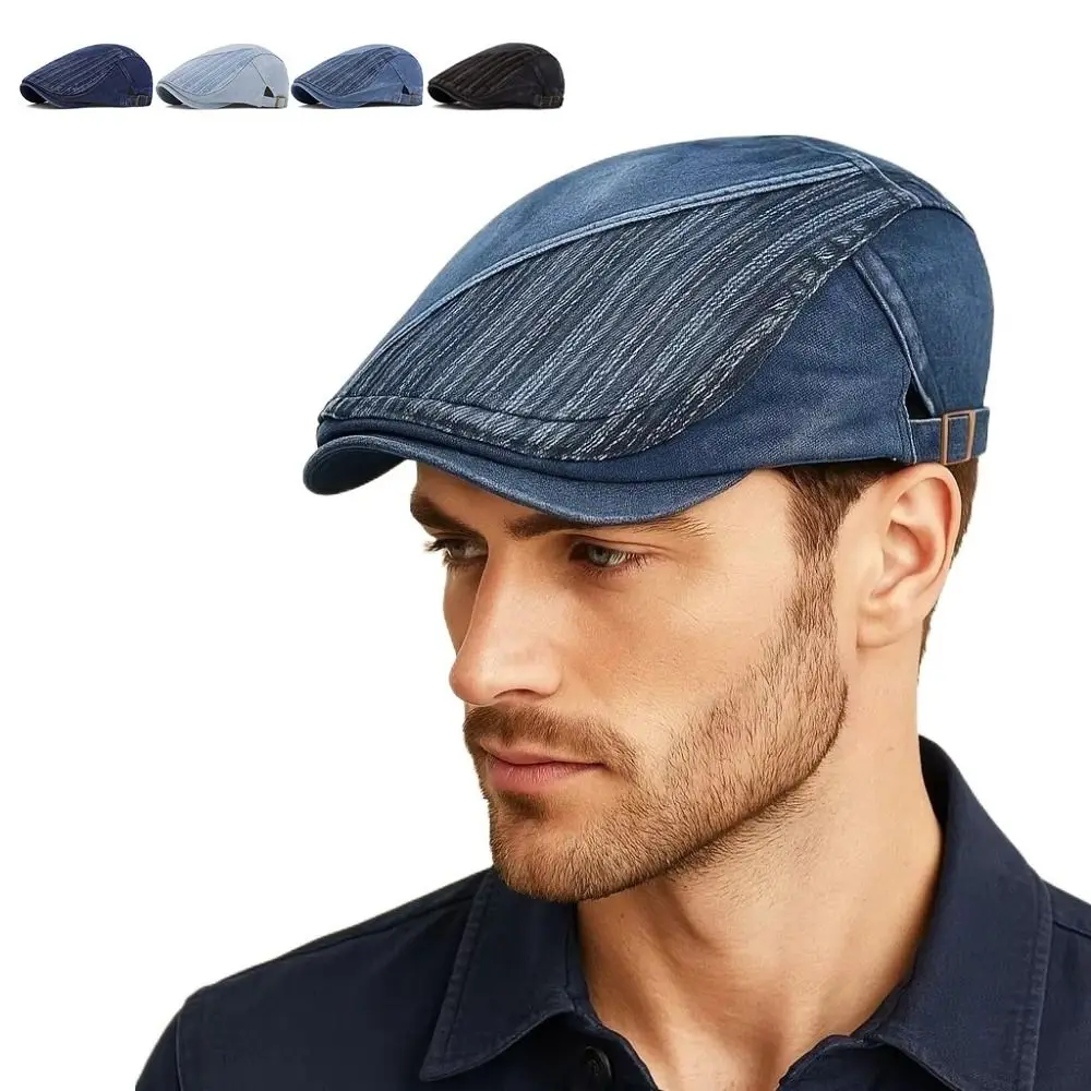 

Washed Denim Newsboy Cap Distressed Style Stripes Design Peaked Cap Adjustable Size Vintage Look Ivy Cap Four Seasons Wear