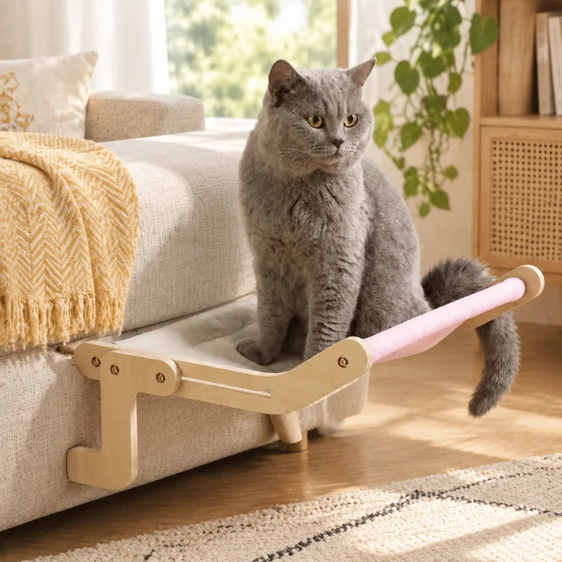 Cotton Canvas Pet Hammock Nest with Multi-Layer Plywood Frame, Wooden Hanging Bed for Cats, Easy to Maintain