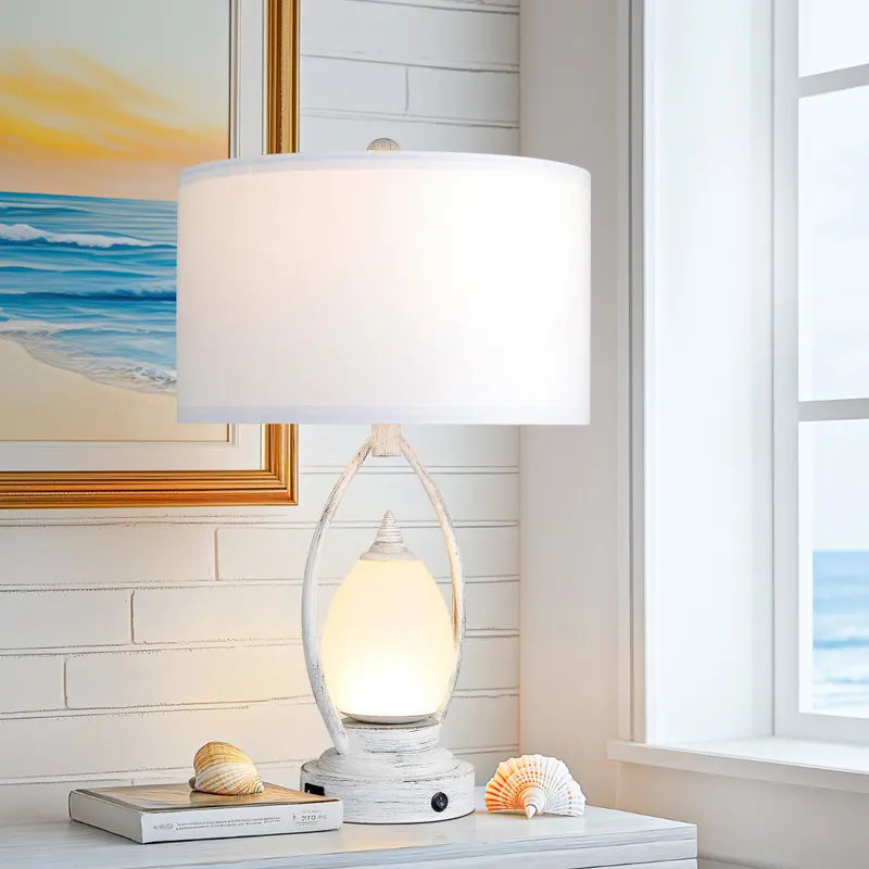 23 Inch Coastal Table Lamps,Rotary Switch Top Light+ Nightstand Light,Weathered White Metal+Frosted Glass,Fabric Shade