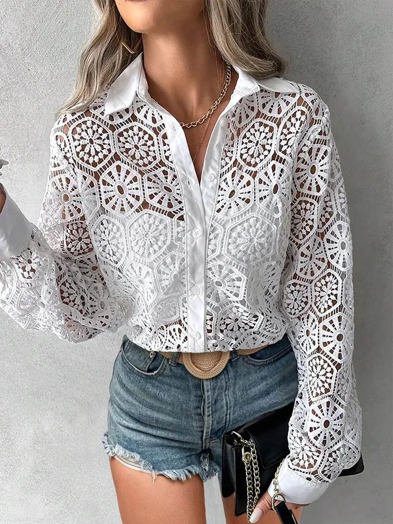 Plus Size 1XL-5XL Hollow Out Blouse Casual Lapel Long Sleeve Blouse for Spring Women\'s Plus Size Clothing