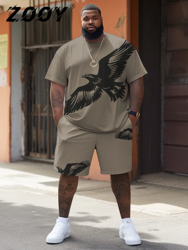 

L-9XL Short Sleeved T-Shirt Shorts Set Plus Size Men Street Casual Crow Lightning Print Black White Brown Two-Piece Set ZOOY