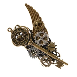 2in1 Teen Girl Hair Clip Lapel Pin Metallic Wing Gear Key Hairpin Steampunk Brooch/ Hairpins for Adult Teens