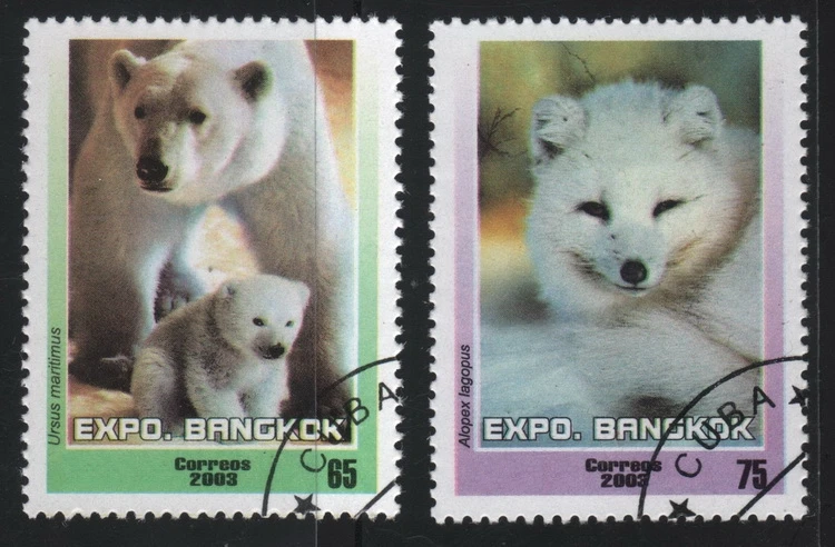 2Pcs/Set Caribbean Post Stamps 2003 Cute Polar Bear Fox  Marked Postage Stamps for Collecting